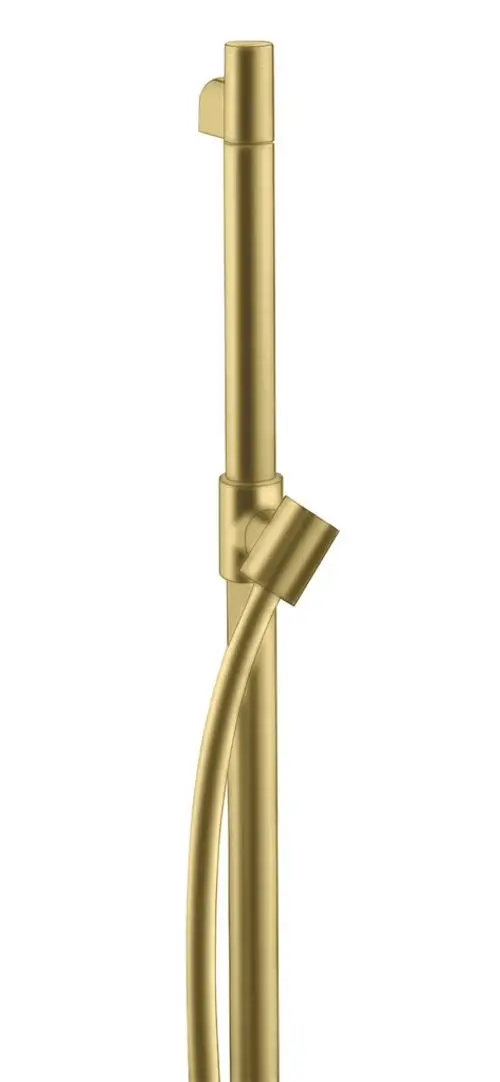 AXOR Brausestange in gebürstetem Messing mit angeschlossenem Brauseschlauch. Die Konstruktion bietet eine flexible Verbindung für die Dusche.